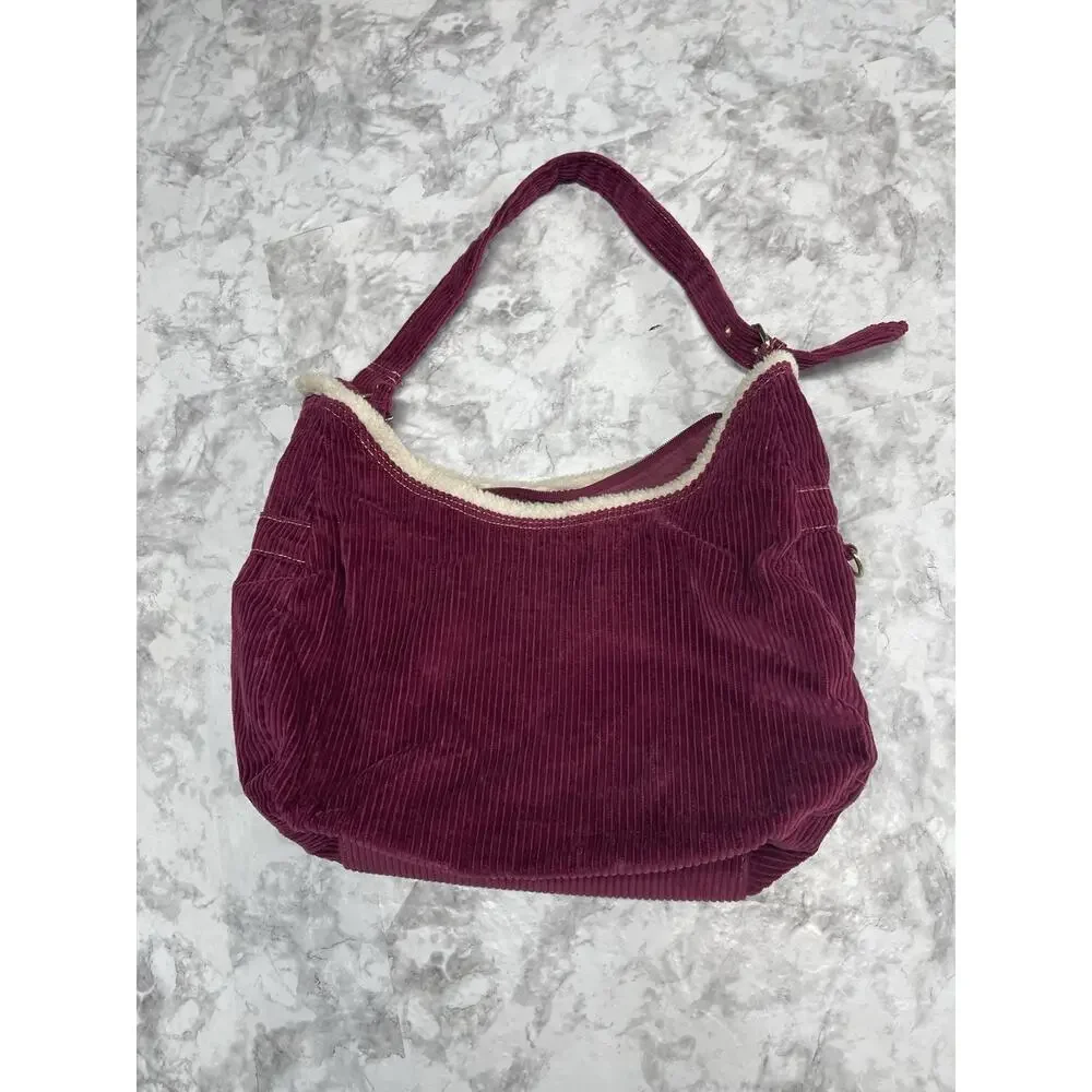 Y2K Indie Sleaze Burgundy Corduroy Sherpa Trim Shoulder Bag Unbranded Hobo Purse